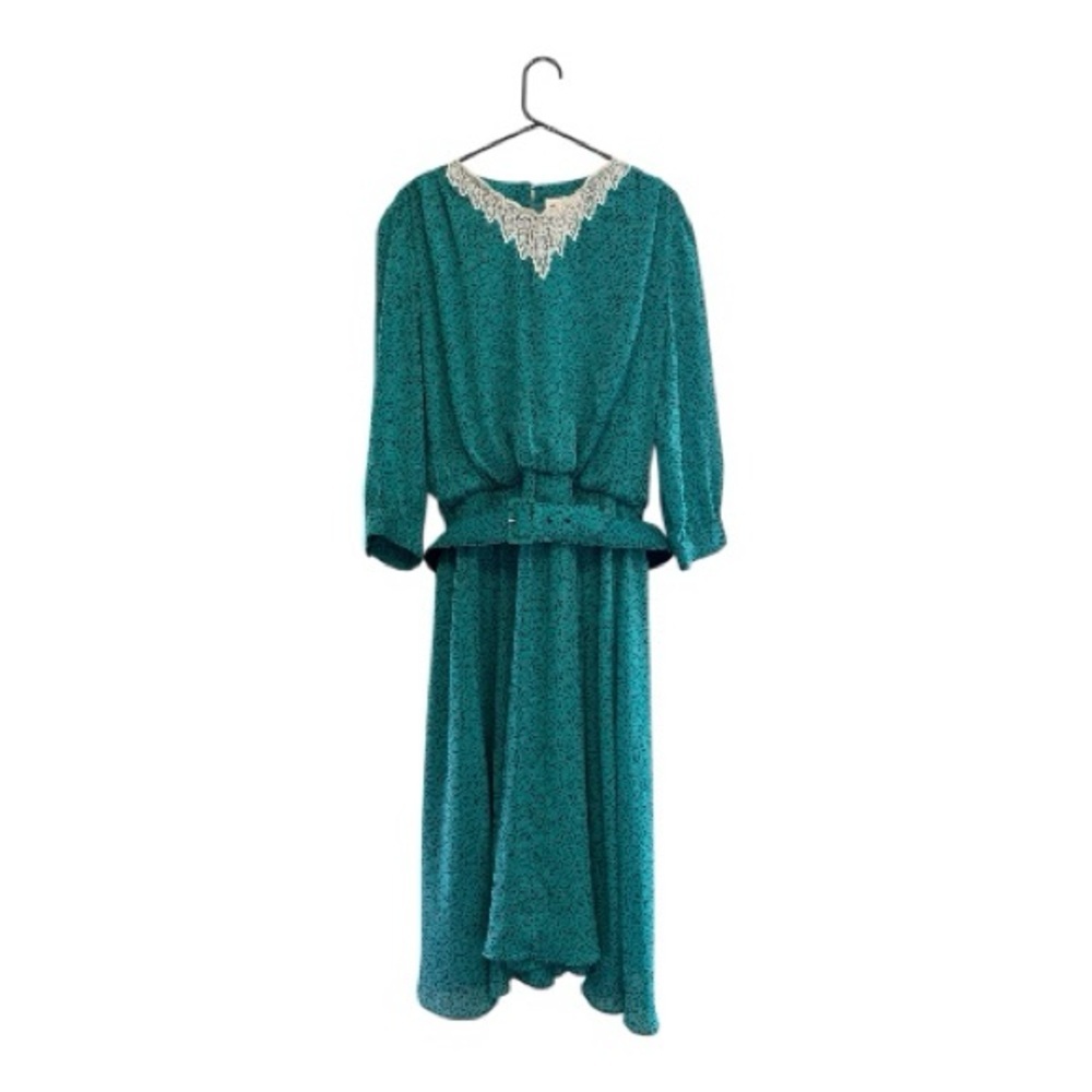 Vintage 80’s/90’s Blake Elizabeth Teal Midi Dress with Lace Accent & Belt Sz 14